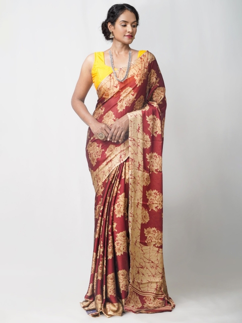 

Unnati Silks Maroon & Beige Ethnic Motifs Printed Block Print Saree
