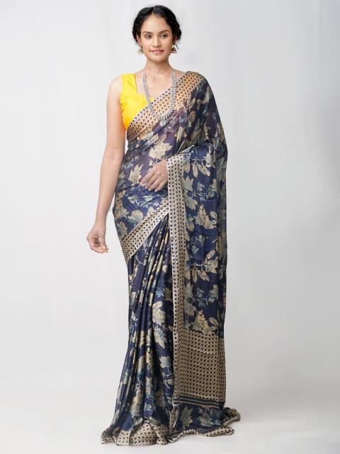 

Unnati Silks Navy Blue & Beige Ethnic Motifs Printed Block Print Saree