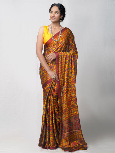 

Unnati Silks Yellow & Blue Ethnic Motifs Block Printed Saree
