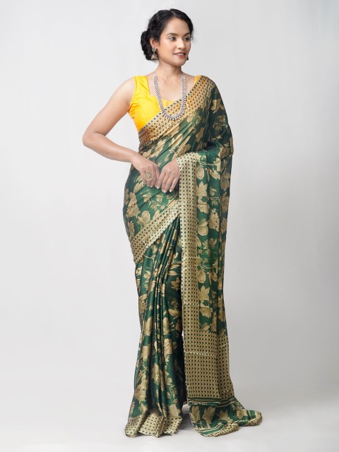 

Unnati Silks Green Ethnic Motifs Block Print Saree