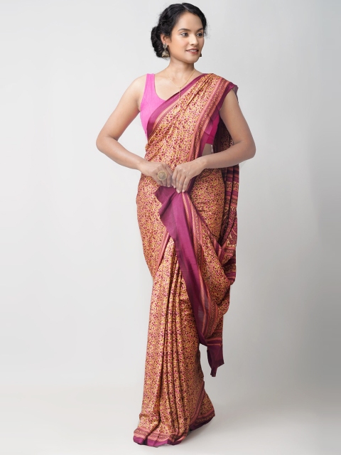 

Unnati Silks Cream-Coloured & Pink Ethnic Motifs Patola Saree