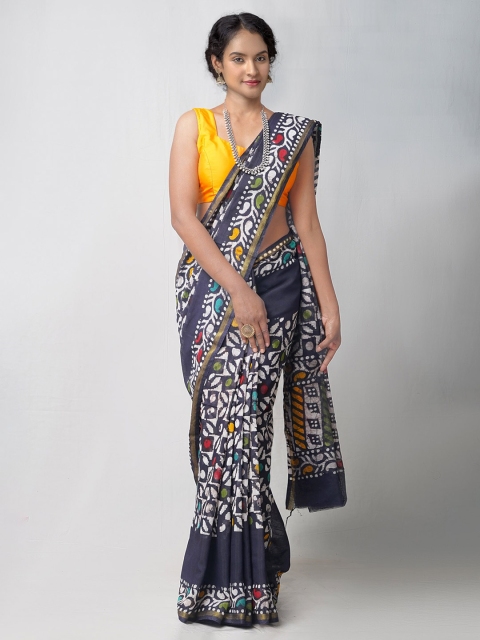 

Unnati Silks Blue & White Batik Silk Cotton Chanderi Saree
