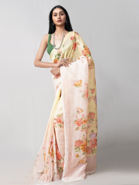 

Unnati Silks Cream-Coloured & Yellow Ethnic Motifs Silk Cotton Chanderi Saree