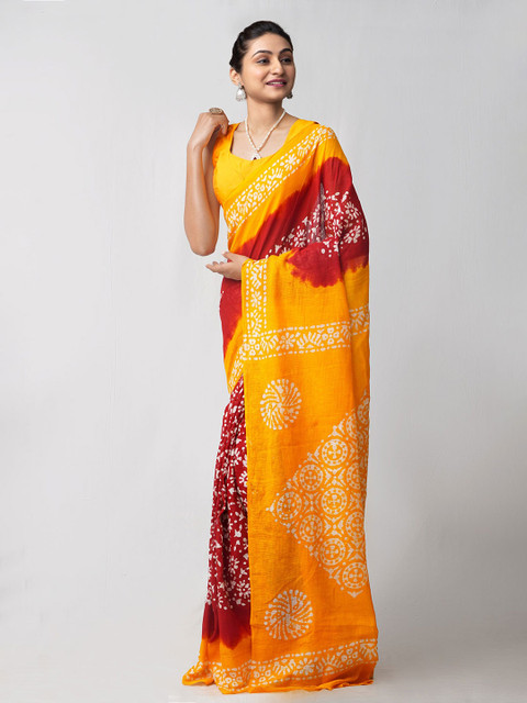 

Unnati Silks Red & Orange Batik Pure Cotton Kota Saree