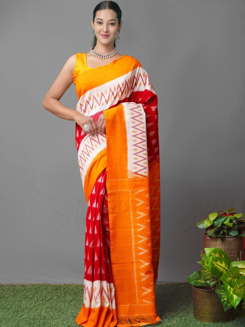 

Unnati Silks Red & Yellow Woven Design Pure Cotton Pochampally Saree