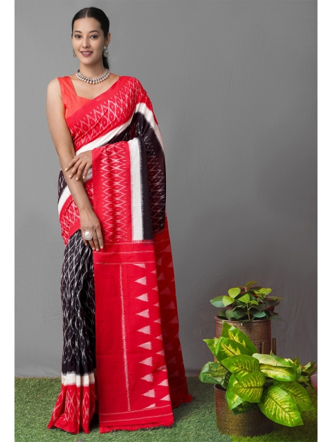 

Unnati Silks Black & Red Pure Cotton Pochampally Saree