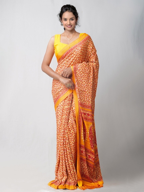 

Unnati Silks Cream-Coloured & Orange Ethnic Motifs Printed Patola Saree