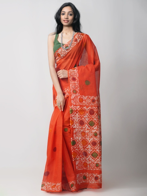 

Unnati Silks Orange & White Batik Pure Handloom Sustainable Cotton Kota Saree