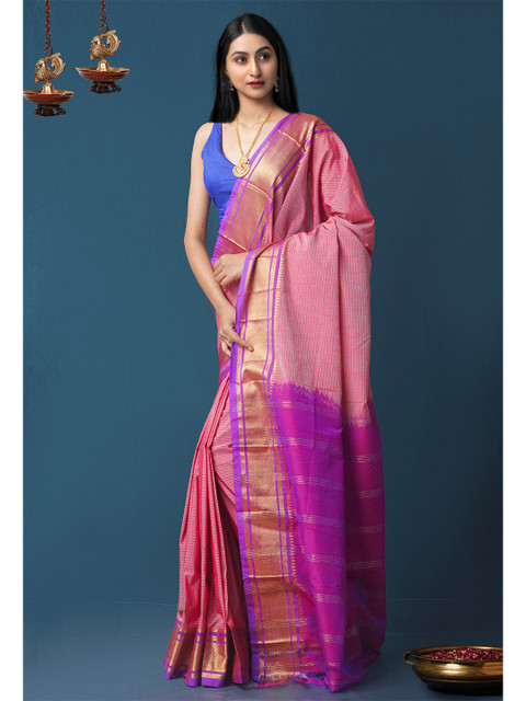 

Unnati Silks Pink & Purple Pure Handloom Sustainable Zari Narayan Peth Saree