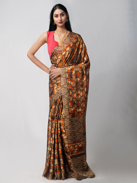 

Unnati Silks Brown & Orange Printed Silk Blend Patola Saree