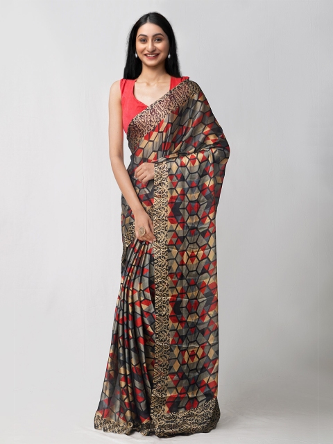 

Unnati Silks Grey & Black Ethnic Motifs Silk Blend Patola Saree