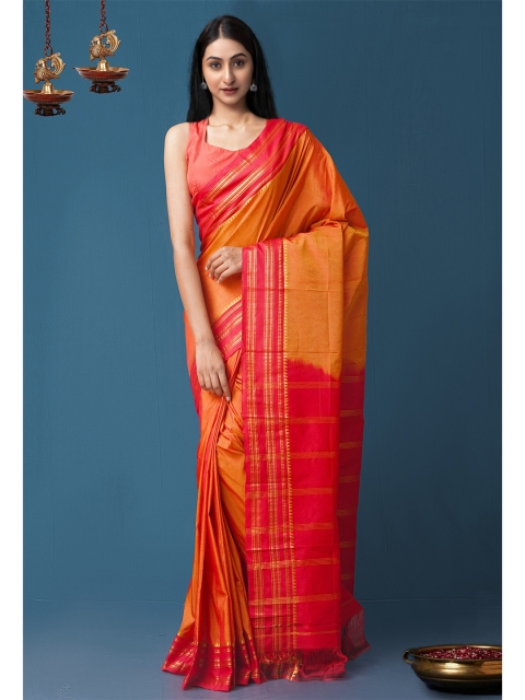 

Unnati Silks Orange & Red Zari Pure Handloom Sustainable Narayan Peth Saree