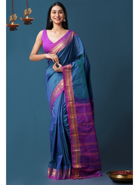 

Unnati Silks Blue & Green Woven Design Zari Narayan Peth Saree