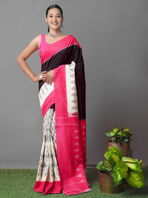 

Unnati Silks Black & Pink Pure Cotton Handloom Sustainable Ikat Pochampally Saree