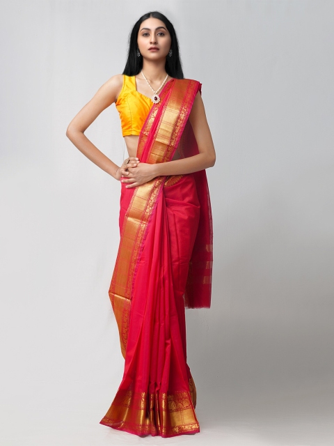 

Unnati Silks Red & Gold-Toned Zari Silk Cotton Baluchari Saree