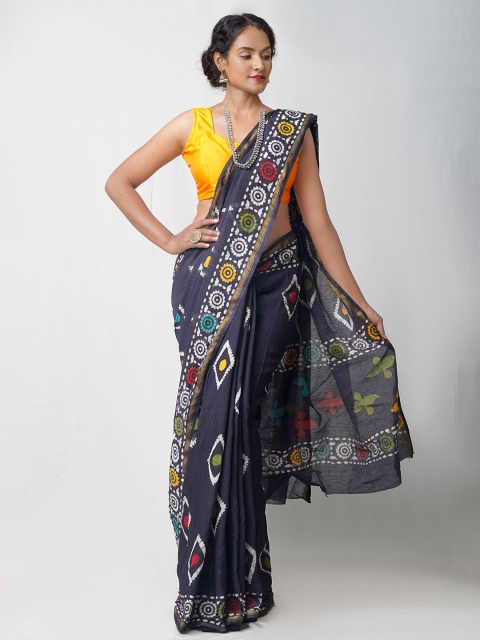 

Unnati Silks Black Batik Zari Silk Cotton Chanderi Saree
