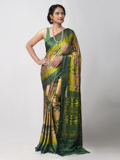 

Unnati Silks Green & Yellow Ethnic Motifs Block Printed Saree