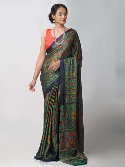 

Unnati Silks Green Ethnic Motifs Block Print Saree