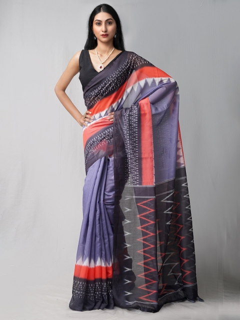 

Unnati Silks Grey & Red Ethnic Motifs Printed Chanderi Saree