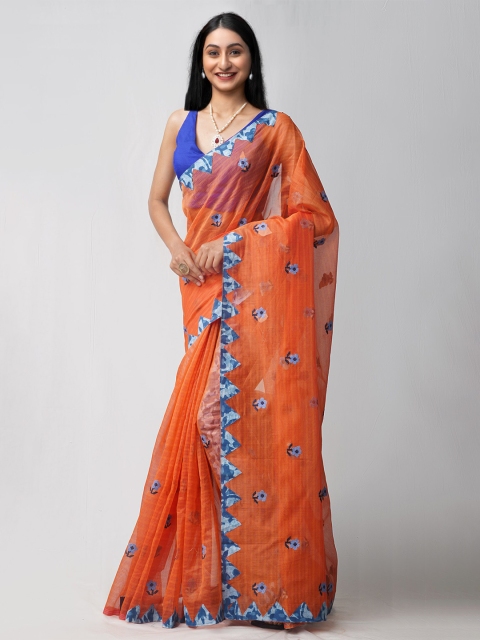 

Unnati Silks Orange & Blue Floral Cross Stitched Embroidered Net Patola Saree