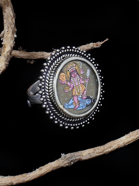 

FIROZA Oxidised Silver-Toned & Brown Hand Painted Finger Ring