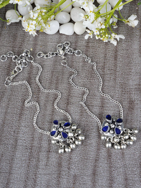 

FIROZA Oxidized Silver-Toned & Blue Stone Studded Anklet
