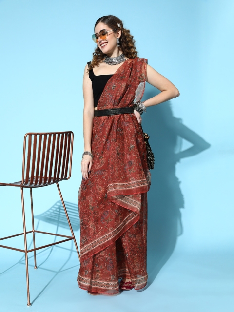 

Inddus Women Maroon Organza Floral Saree with Blouse Piece