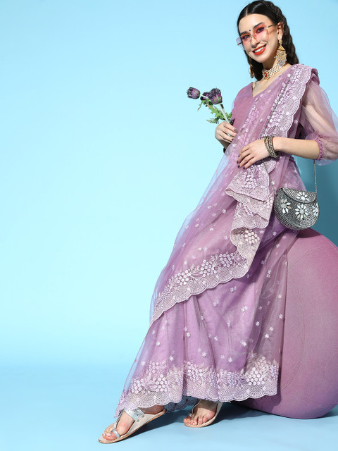 

Inddus Women Lavender Net Embroidered Saree with Blouse Piece