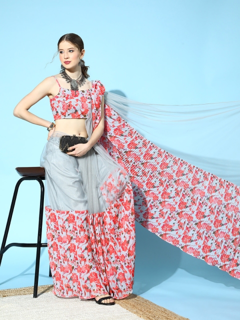 

Inddus Floral Saree with Printed Border, Grey