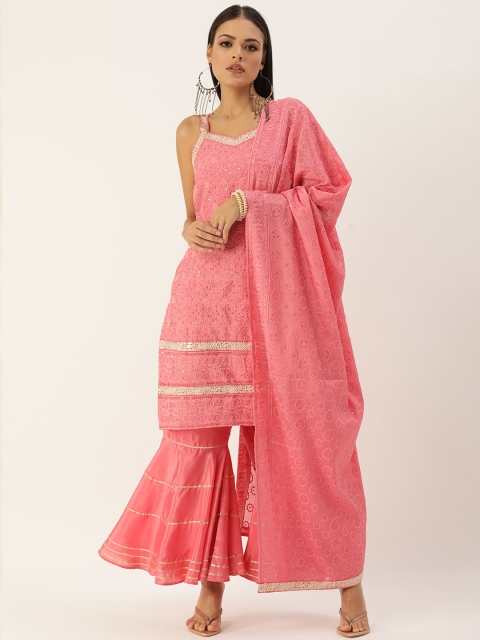 

SWAGG INDIA Women Pink Ethnic Motifs Embroidered Chikankari Kurta with Sharara & With Dupatta