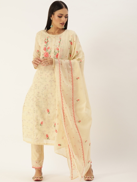 

SWAGG INDIA Women Cream-Coloured Ethnic Motifs Embroidered Thread Work Kurta with Trousers & With Dupatta