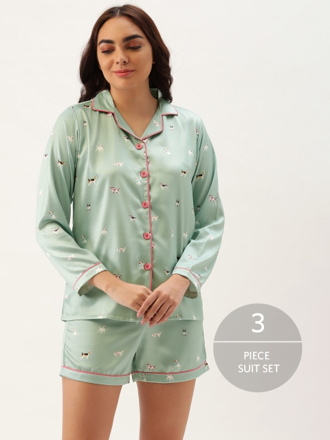 

Clt.s Women Sea Green Satin Printed 3-Piece Night suit