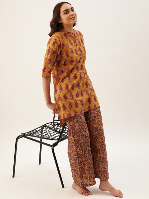

Clt.s Women Mustard Yellow & Red Pure Cotton Printed Pyjama Set