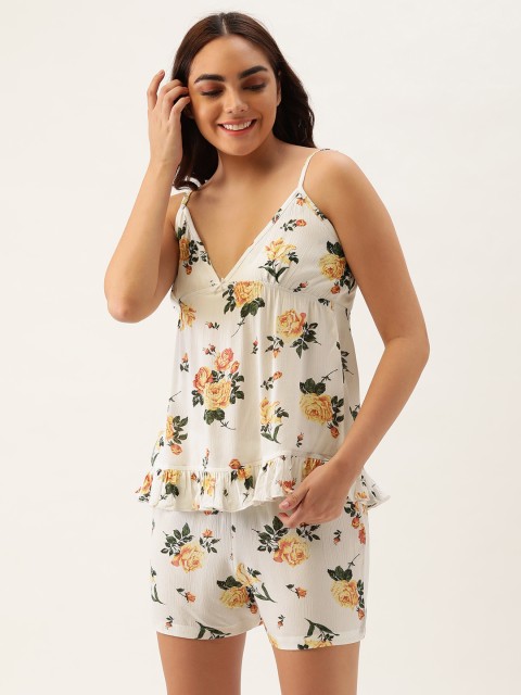 

Clt.s Women White & Yellow Floral Printed Pure Cotton Shorts Set