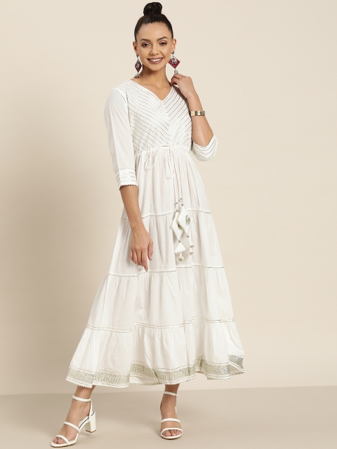 

Juniper White & Silver Ethnic Motifs Embroidered Ethnic A-Line Tiered Midi Dress