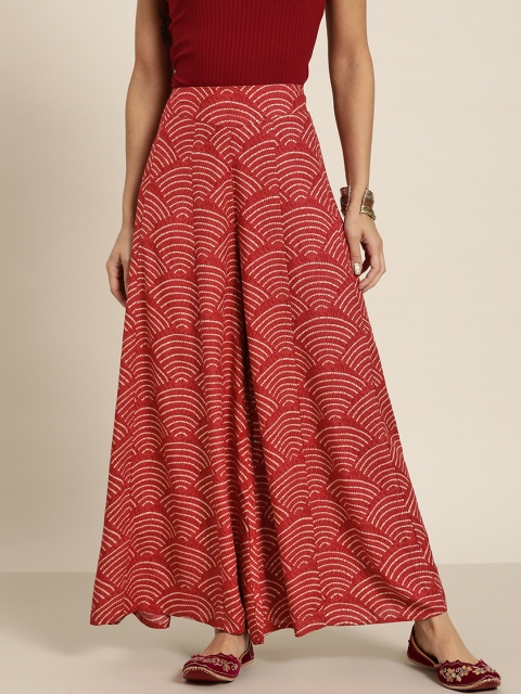 

Juniper Women Red & White Geometric Print Flared Ruffles Ethnic Palazzos