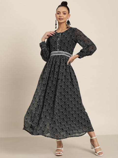 

Juniper Black & White Ethnic Motifs Georgette Ethnic Fit & Flare Midi Dress