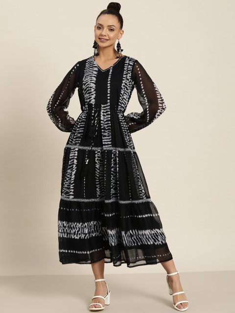 

Juniper Black & White Ethnic Motifs A-Line Midi Dress