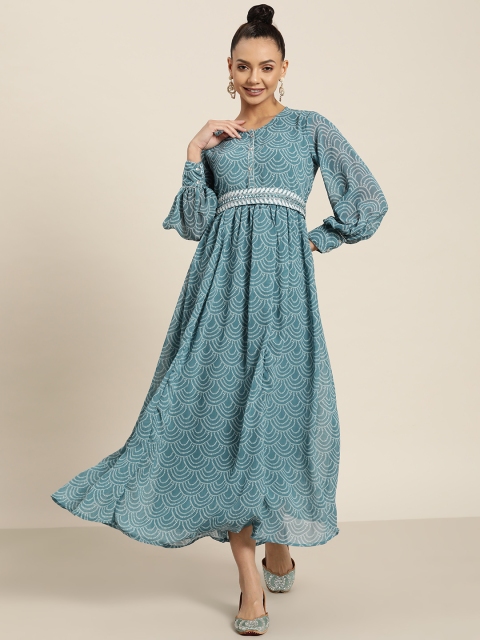

Juniper Green & White Ethnic Motifs Georgette Ethnic A-Line Midi Dress