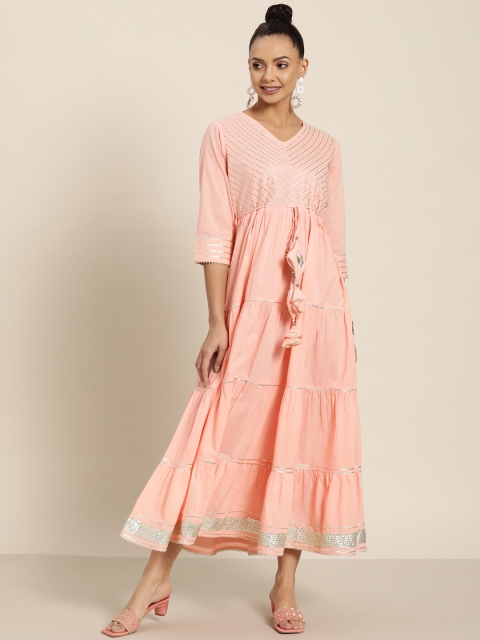 

Juniper Peach-Coloured & Gold-Toned Ethnic Motifs Embroidered Ethnic A-Line Midi Dress