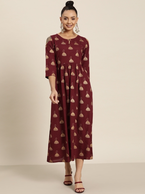 

Juniper Maroon & Beige Ethnic Motifs Keyhole Neck Liva Ethnic A-Line Midi Dress