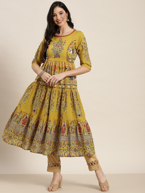 

Juniper Women Mustard Brown Ethnic Motifs Printed Anarkali Tiered Kurta