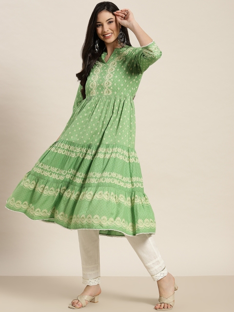 

Juniper Women Green & Beige Ethnic Motifs Printed Tiered Anarkali Kurta