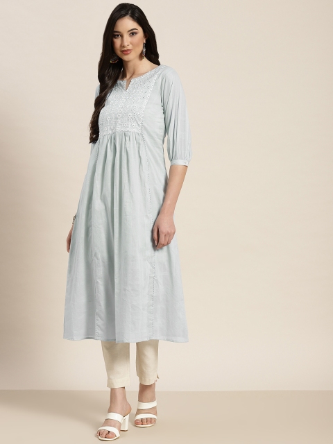 

Juniper Women Turquoise Blue Floral Embroidered Chikankari Kurta