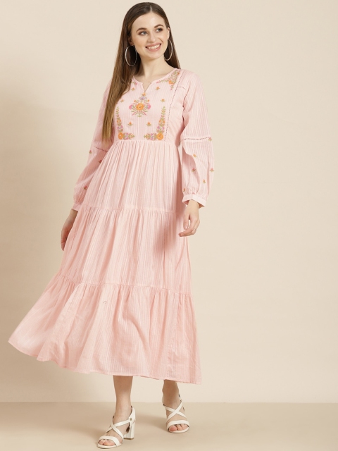 

Juniper Women Peach-Coloured Ethnic Motifs Yoke Design Thread Work Tiered Anarkali Kurta