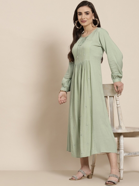 

Juniper Women Olive Green Floral Embroidered A-Line Kurta