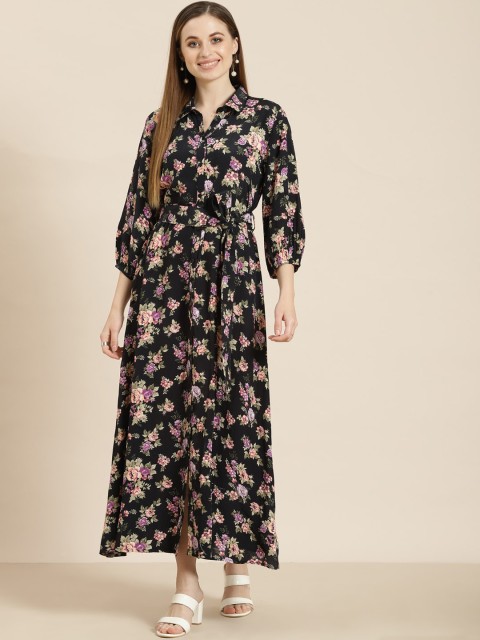 

Juniper Women Black Floral Printed A-Line Kurta