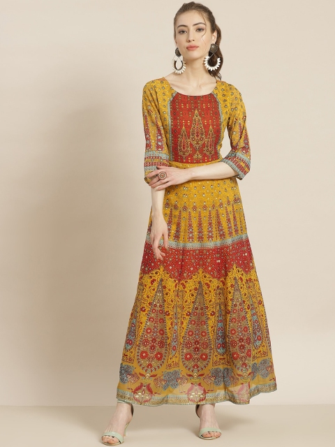 

Juniper Women Mustard Yellow & Brown Floral Printed Georgette Anarkali Kurta