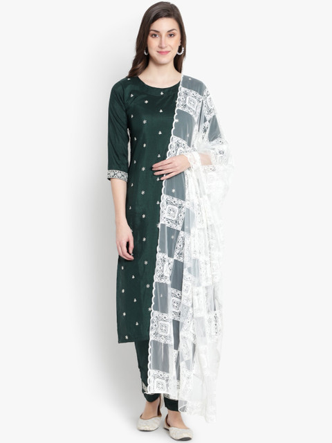 

heemara Women Green Embroidered Sequinned Silk Chiffon Kurta with Trousers & With Dupatta