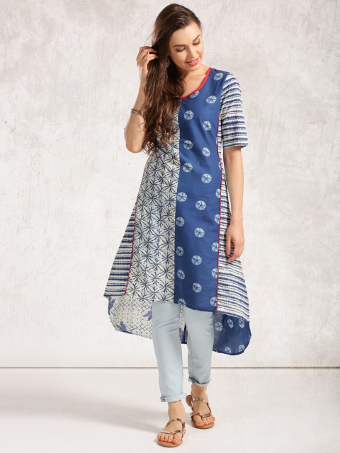 

Anouk Women Navy Blue & Off-White Printed A-Line Kurta